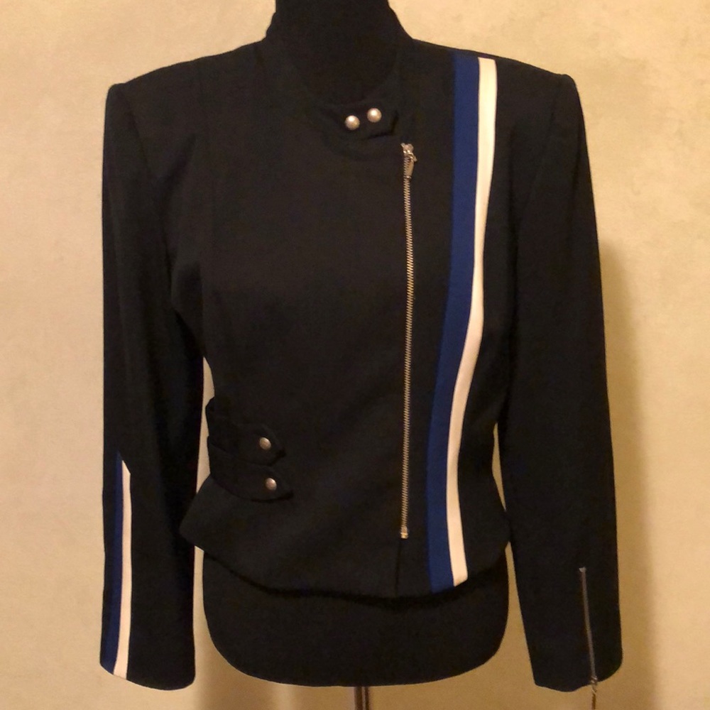 Designer jacket, black with blue and white accents